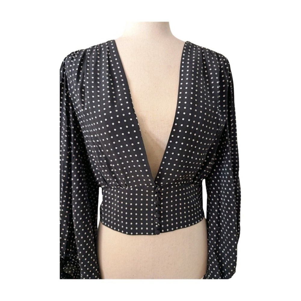 Equipment Femme Black White Polka Dot Silk Long Sleeve Plunging VNeck Crop Top M - Picture 2 of 10